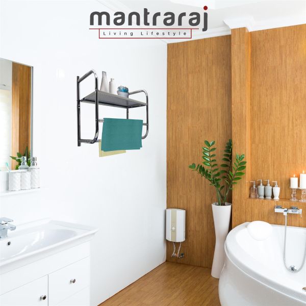 BATHROOM WALL RACK WITH 2 TOWEL HOLDER RAILS METAL CHROME PLATED SHELF - Image 4