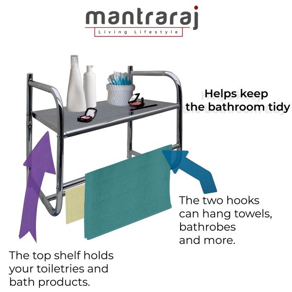BATHROOM WALL RACK WITH 2 TOWEL HOLDER RAILS METAL CHROME PLATED SHELF - Image 3