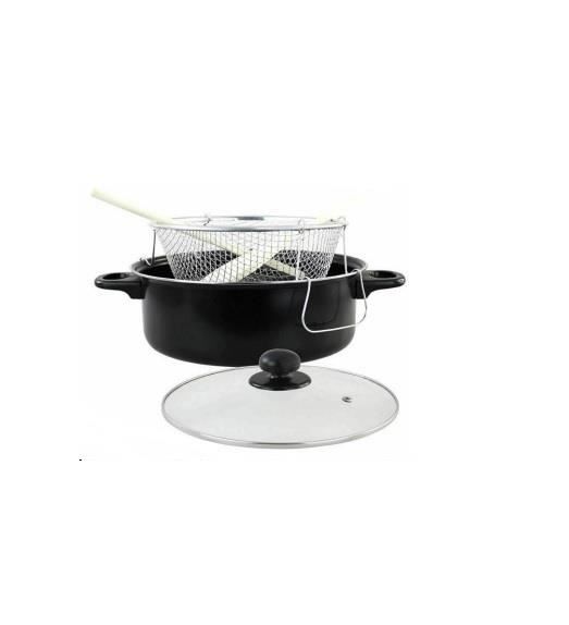 24CM NON STICK CHIP PAN SET WITH BASKET 2 CHOP STICKS GLASS LID - Image 1